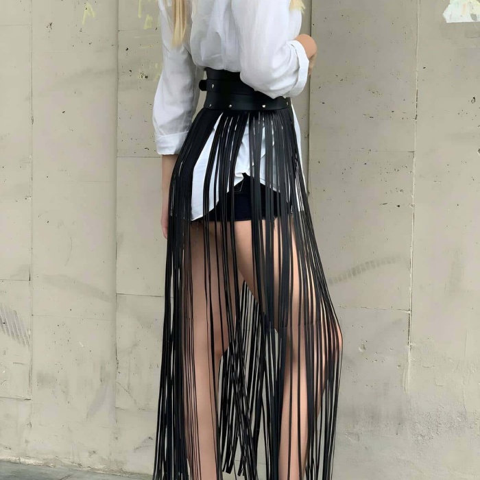 Yüksek Bel Şık Deri Püsküllü Seksi Etek - APFT1003