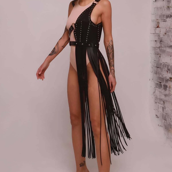 Püsküllü Deri Ceket Harness, Püsküllü Seksi Deri Harness - APFT1014