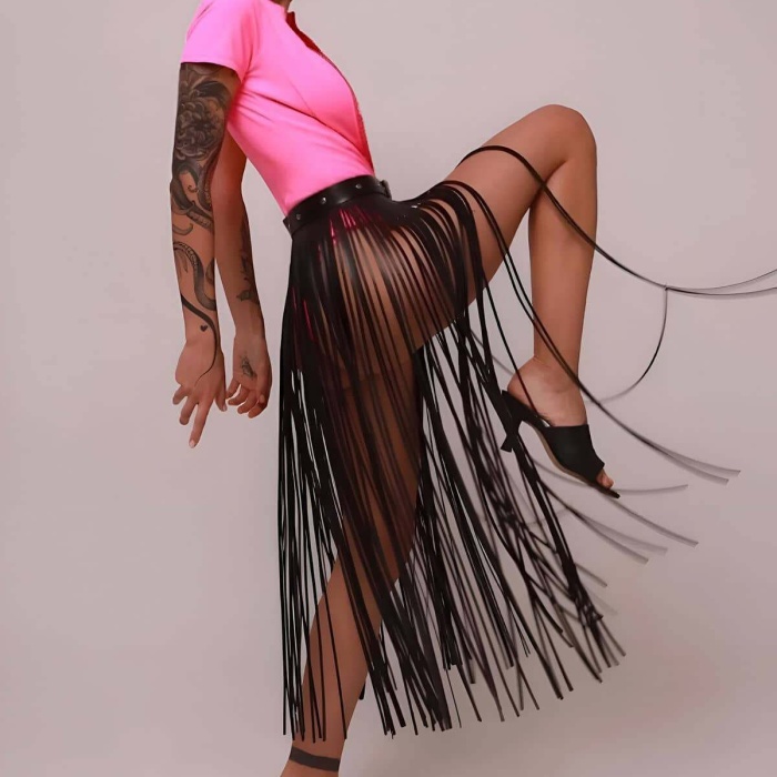 Deri Püsküllü Etek, İnce Püsküllü Boy Etek, Şık Deri Etek Harness - APFT1088