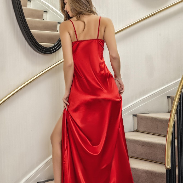 DANTELLİ UZUN YIRTMAÇLI SATEN GECELİK ELBİSE STRİNG TAKIM KIRMIZI (MGP31512)