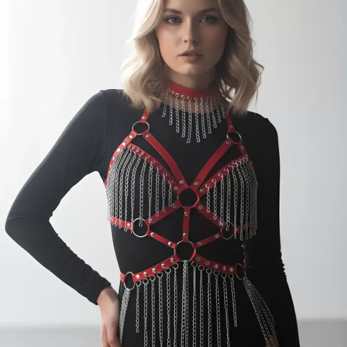 Deri ve Zincir Detaylı Harness Takım, Deri Dansçı Kostüm, Choker Detaylı Deri Harness - APFT1397