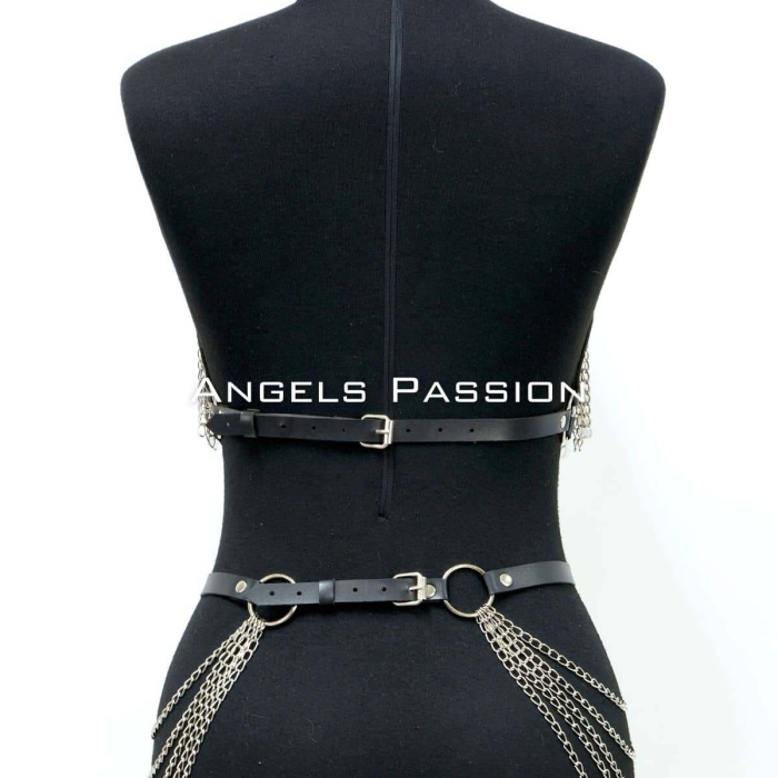 Deri ve Zincir Detaylı Harness Takım, Deri Dansçı Kostüm, Choker Detaylı Deri Harness - APFT1397