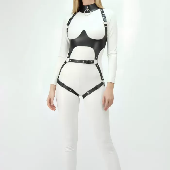 Deri Harness, Göğüs Altı Destekli Harness Takım, Deri Dansçı Kostüm - APFT1402