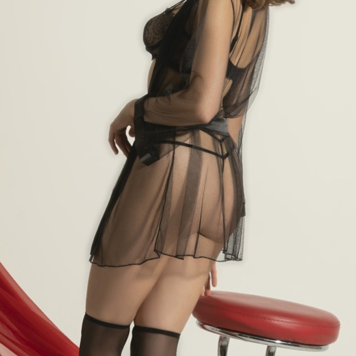 Siyah Transparan Tül Sabahlık ve Jartiyerli Fantazi İç Giyim Seti 5li,Seksi Dantelli Gecelik Takımı