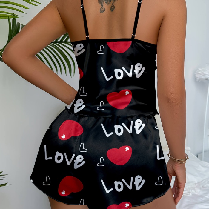 Aşk Temalı Kalp Desenli Siyah Saten Şortlu Gecelik Takım