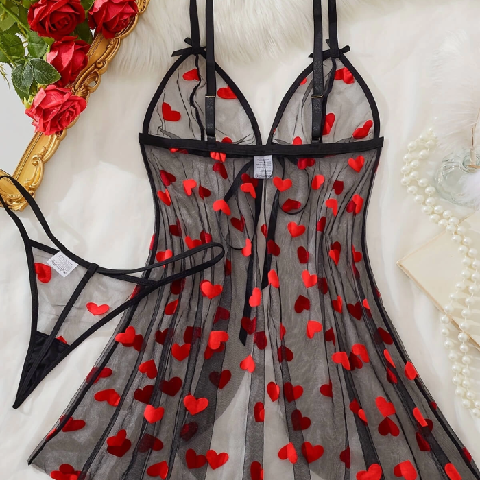 Kalp Desenli Siyah Transparan Gecelik TM1378