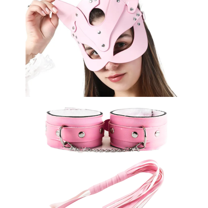 Fantezi Deri Seksi Pembe Kedi Maske Kelepçe Kırbaç Seti ( 3lü set) BC5368