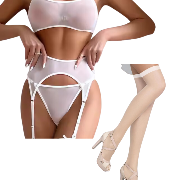 Fantezi Beyaz Transparan Tül Jartiyer Takımı BC3262