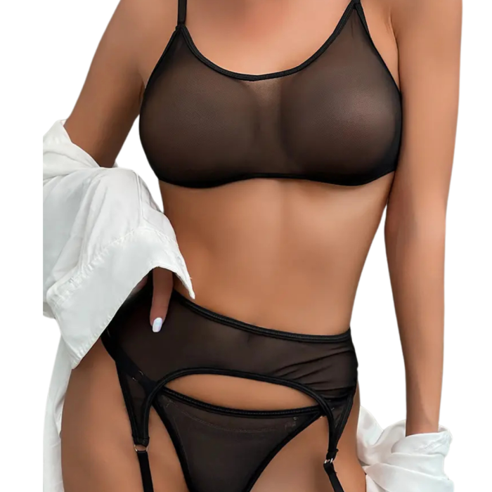 Fantezi Siyah Transparan Tül Jartiyer Takımı BC3263