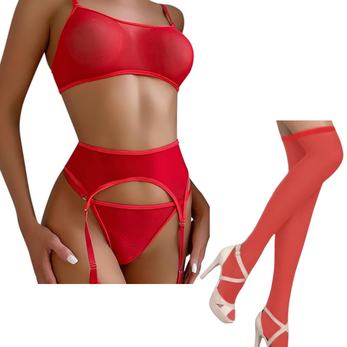 Fantezi Kırmızı Transparan Tül Jartiyer Takımı BC3264