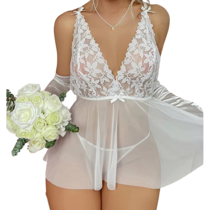 Fantezi Beyaz Dantelli Transparan Tül Etekli Seksi Elbise Gecelik BC3266