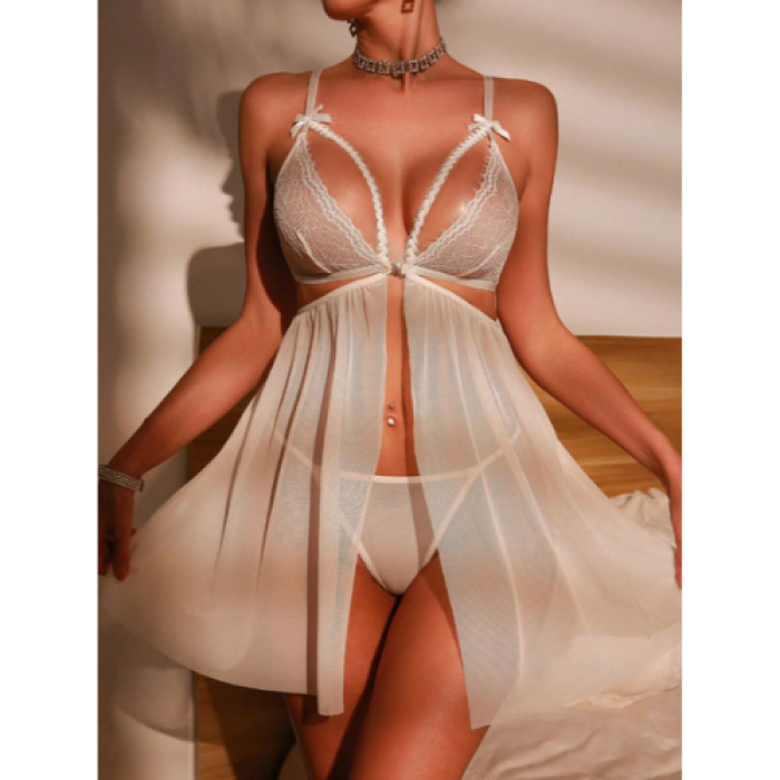 Fantezi Beyaz Dantel Sütyenli Transparan Gecelik BC3271