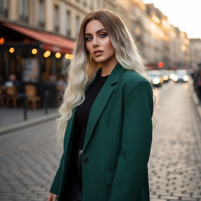 Fiber Sentetik Uzun Su Dalgası Peruk - Kumral / Platin Ombreli