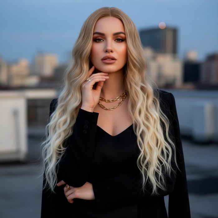 Fiber Sentetik Uzun Su Dalgası Peruk - Balköpüğü / Platin Kısa Ombreli