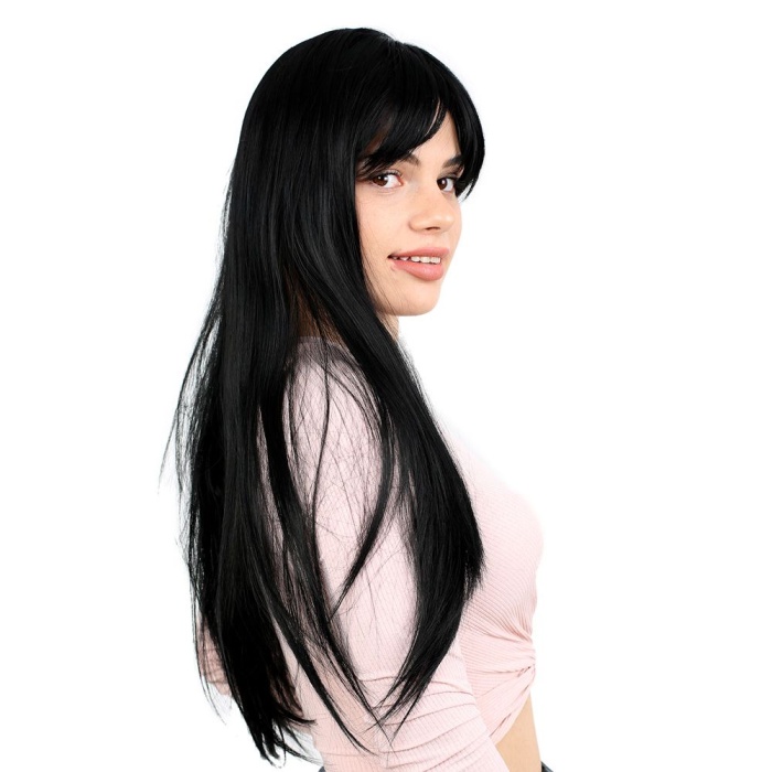Fiber Sentetik Uzun Düz Kahküllü  Peruk - Siyah