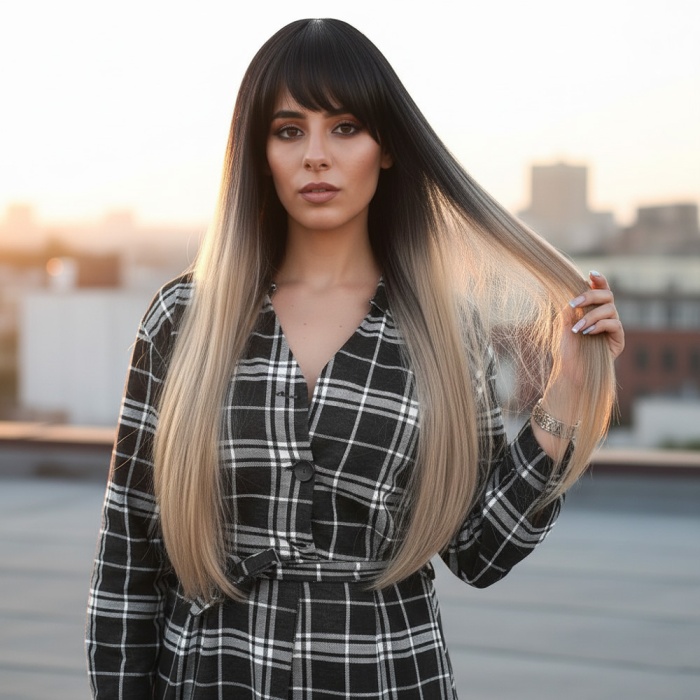 Fiber Sentetik Uzun Düz Kahküllü Peruk - Siyah / Küllü Bebek Sarı Ombreli