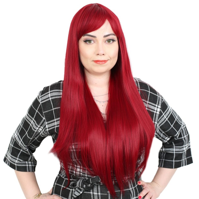 Fiber Sentetik Uzun Düz Kahküllü Peruk - Kızıl