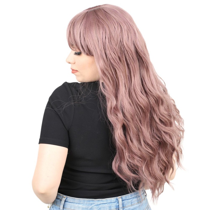 Perçemli Uzun Su Dalgası Fiber Sentetik Peruk- Gül Kurusu