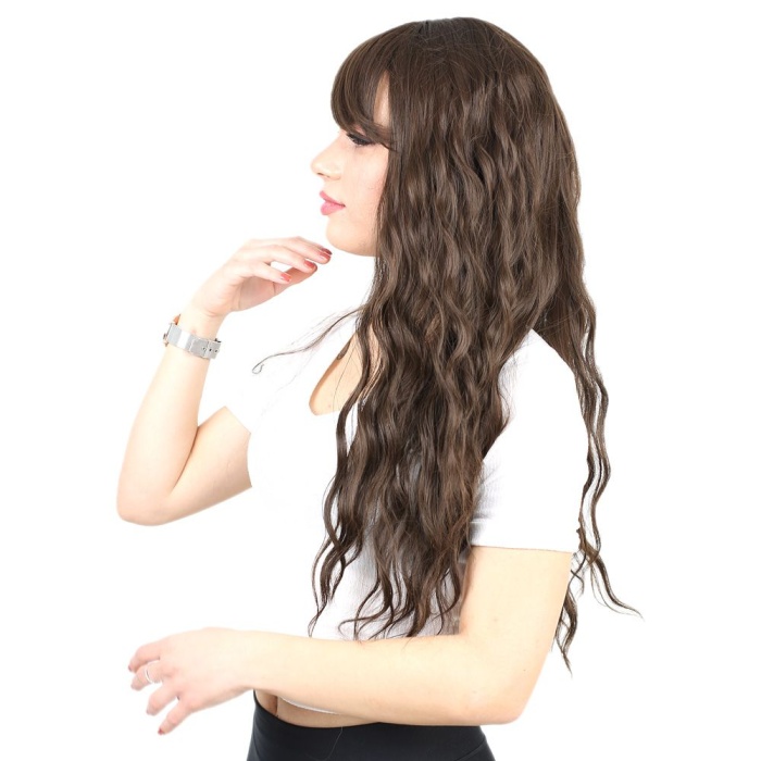 Perçemli Uzun Su Dalgası Fiber Sentetik Peruk- Açık Kahve