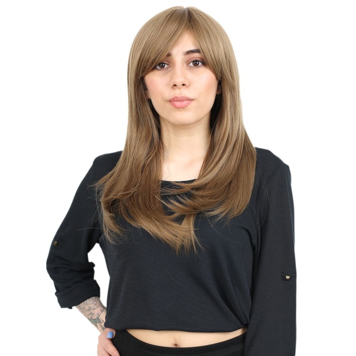 Düz Perçemli Orta Boy Fiber Sentetik Peruk - Bebek Kumralı