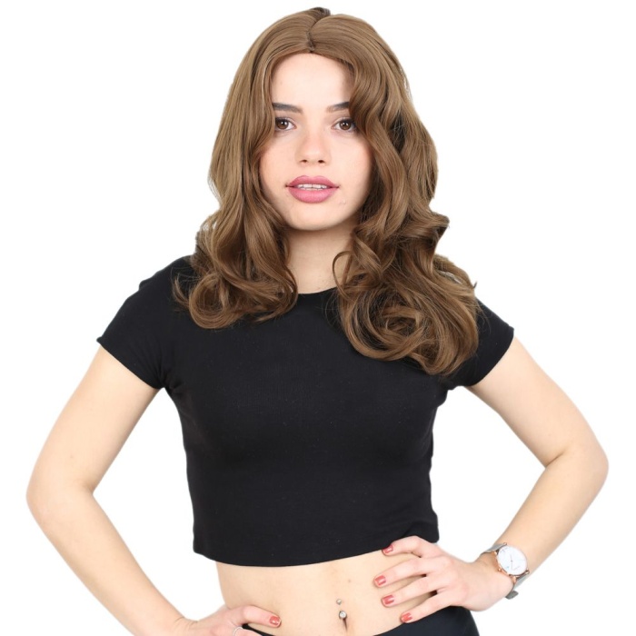 Kahkülsüz Fiber Sentetik Orta Boy Dalgalı Peruk - Kumral