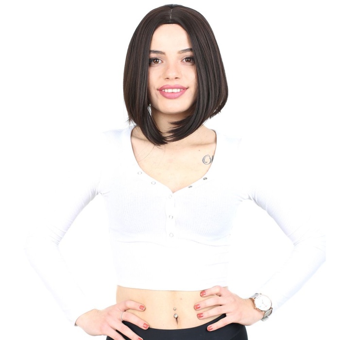 Kahkülsüz Düz Kısa Fiber Sentetik Peruk - Kahverengi