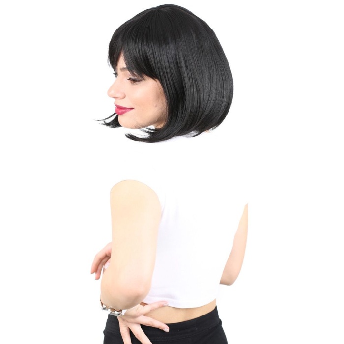 Küt Kahküllü Fiber Sentetik Peruk - Siyah