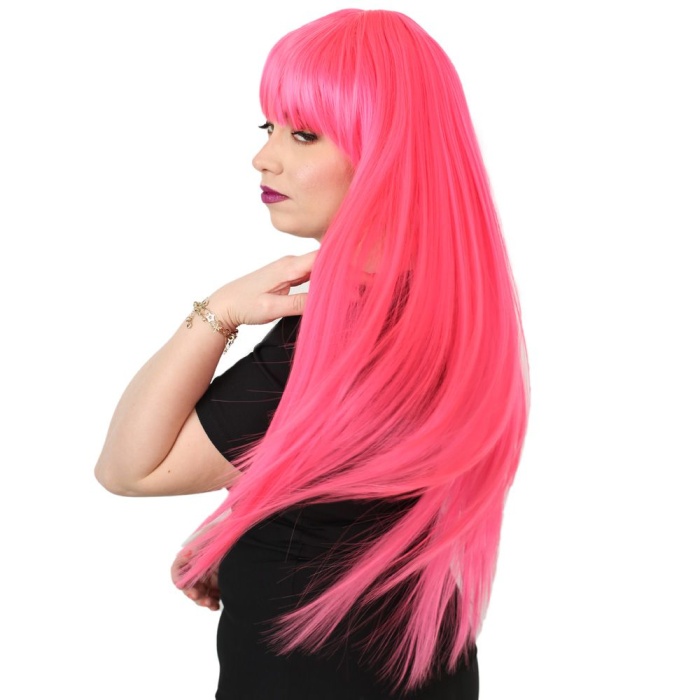 Uzun Kahküllü Fiber Sentetik Peruk - Neon Pembe