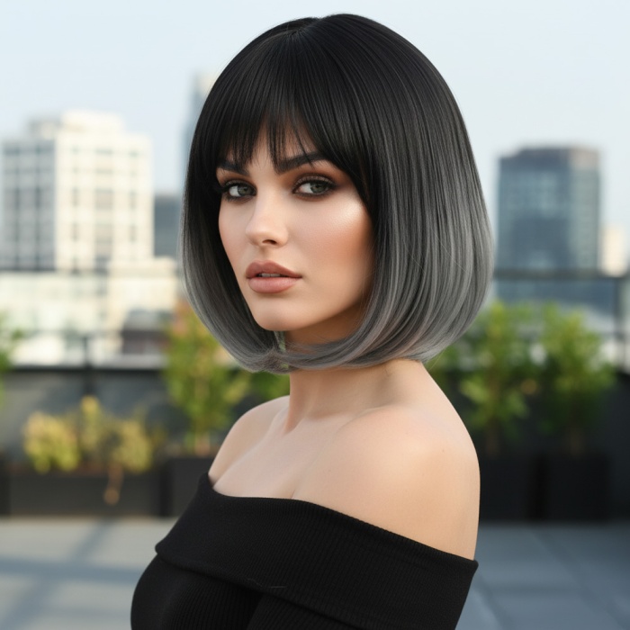 Küt Perçemli Fiber Sentetik Peruk - Siyah / Gri Ombreli