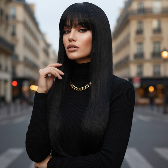 Düz Perçemli Uzun Fiber Sentetik Peruk - Siyah