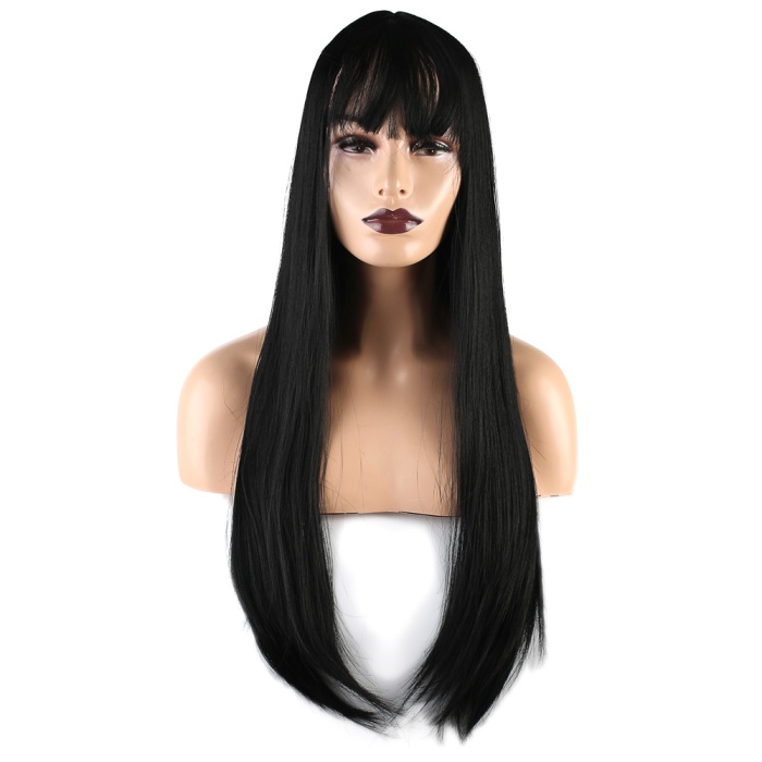 Düz Perçemli Uzun Fiber Sentetik Peruk - Siyah