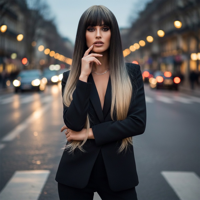 Düz Perçemli Uzun Fiber Sentetik Peruk - Küllü Siyah / Balköpüğü Ombreli