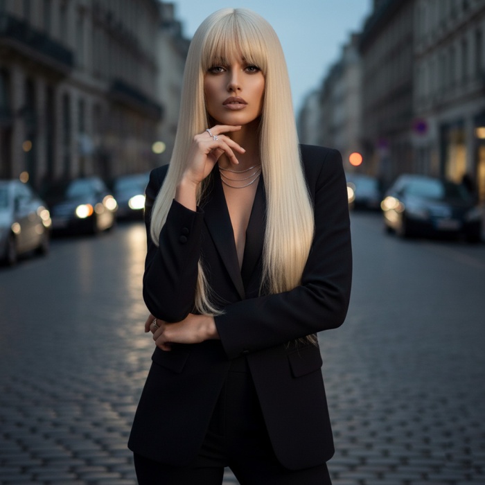 Düz Perçemli Uzun Fiber Sentetik Peruk - Platin