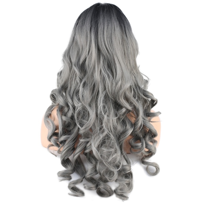 Dalgalı Perçemli Uzun Fiber Sentetik Peruk - Siyah / Gri Ombreli