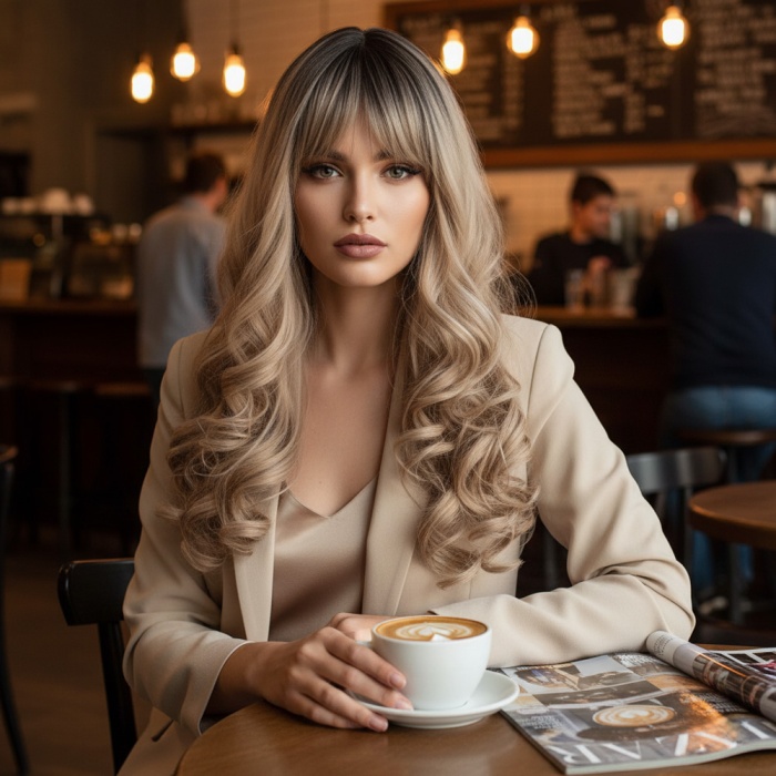 Dalgalı Perçemli Uzun Fiber Sentetik Peruk - Siyah / Balköpüğü Ombreli