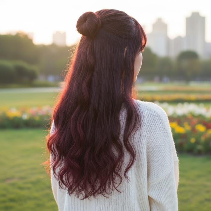 Fiber Sentetik Dalgalı Yarım Ay + 2 Yan Çıt Çıt - Koyu Kızıl