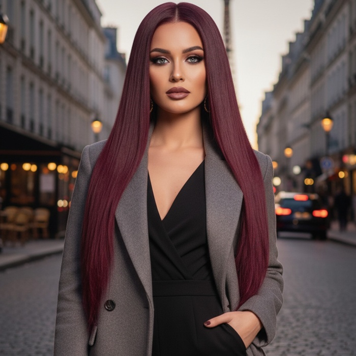 Gerçek Front Lace Tül Peruk - Düz - Koyu Kızıl 70-75cm