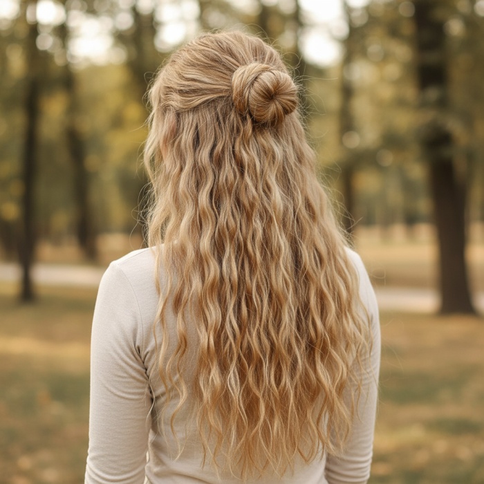 Fiber Sentetik Kabarık Dalgalı Yarım Ay + 2 Yan Çıt Çıt - Karamel Platin Röfleli