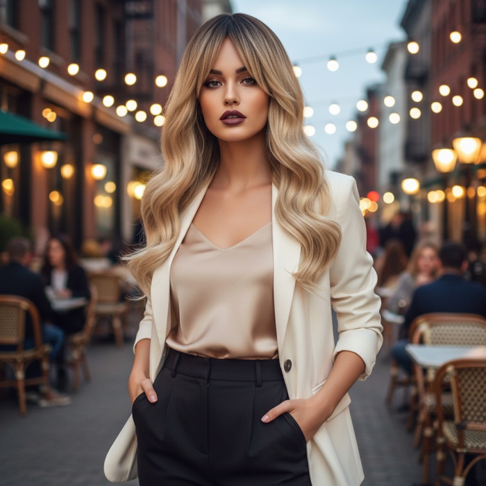 Dalgalı Perçemli Fiber Sentetik Orta Boy Peruk - Kahve Platin Röfleli