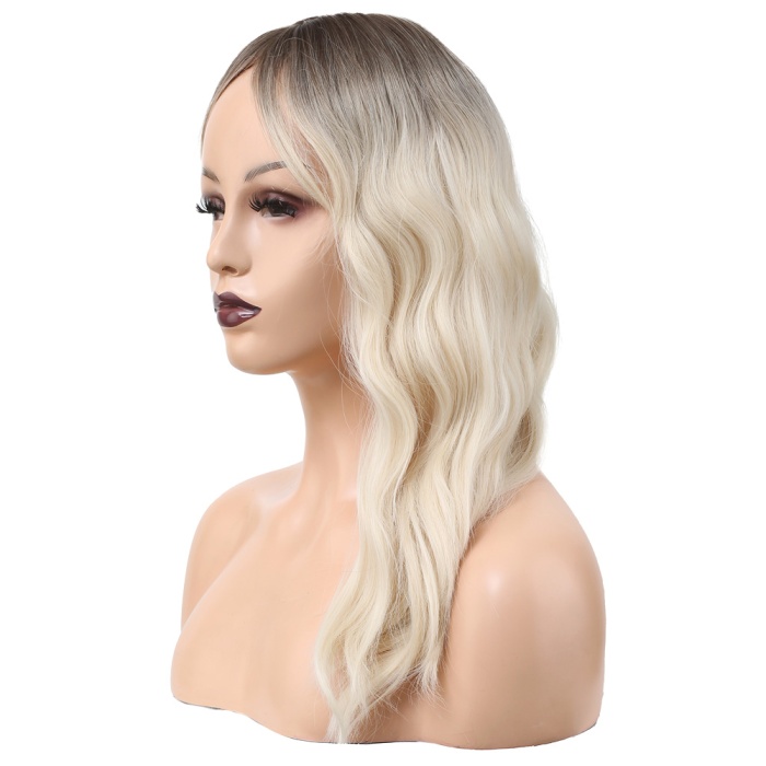 Dalgalı Perçemli Fiber Sentetik Orta Boy Peruk - Kahverengi / Beyaz Platin Ombreli