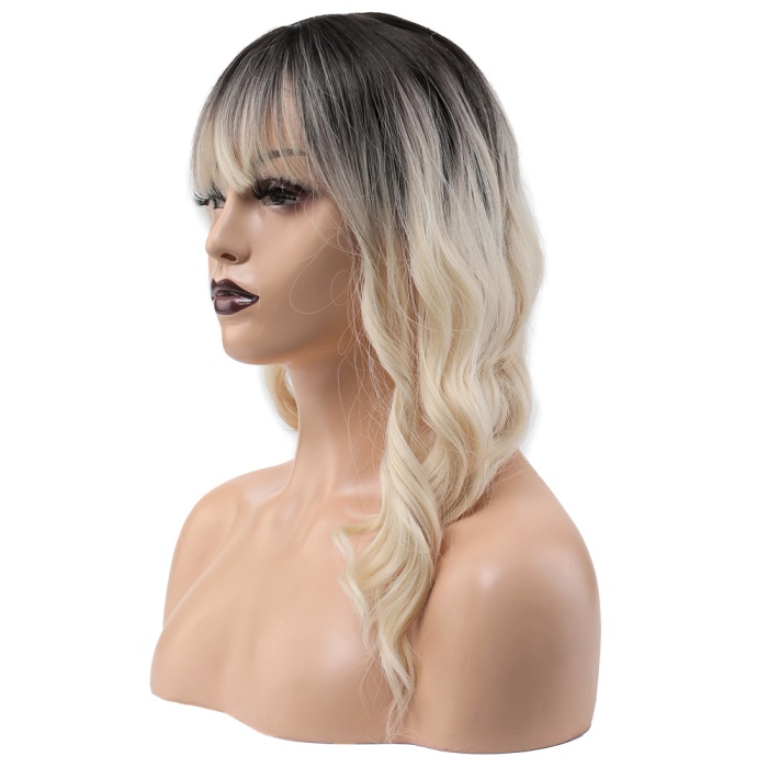 Dalgalı Kısa Perçemli Fiber Sentetik Peruk - Kahve / Platin Ombreli