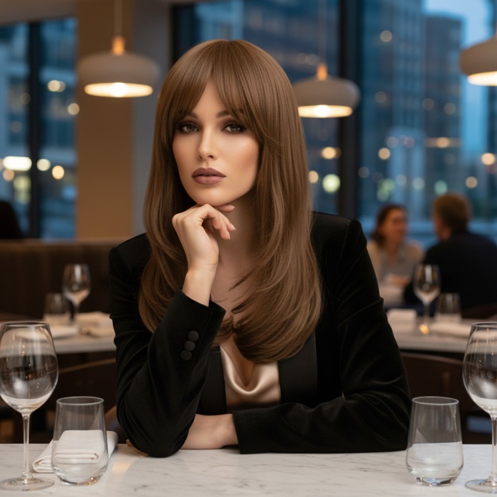 Katlı Kesim Perçemli Düz Fiber Sentetik Orta Boy Peruk - Bebek Kumralı