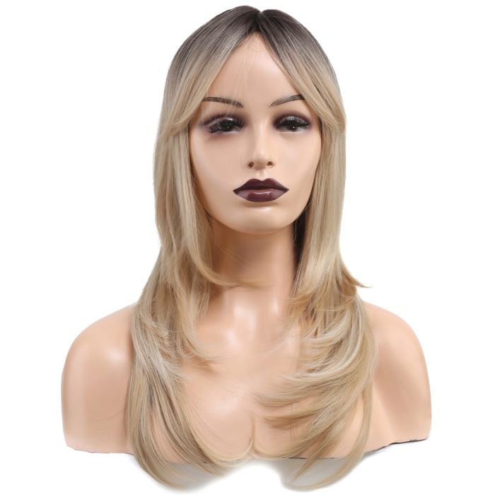 Katlı Kesim Perçemli Düz Fiber Sentetik Orta Boy Peruk - Kahve / Platin Ombre ve Röfleli