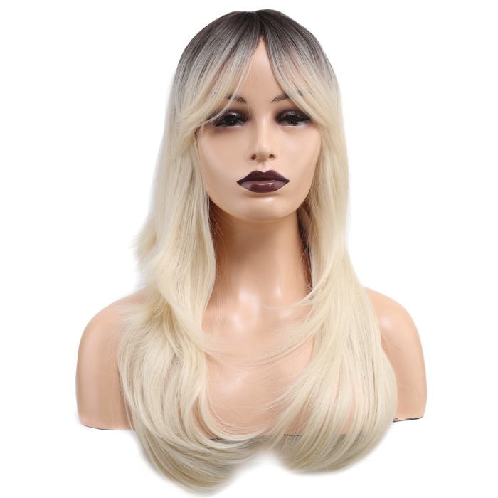 Katlı Kesim Perçemli Düz Fiber Sentetik Orta Boy Peruk - Kahve / Platin Ombreli