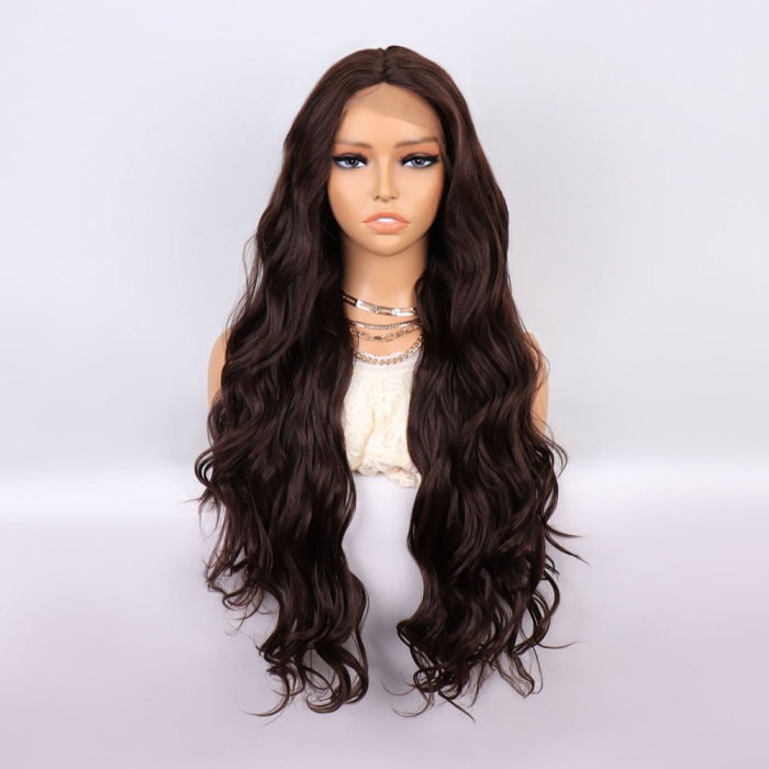 Kahverengi Uzun Dalgalı  Fiber Sentetik Tül Peruk