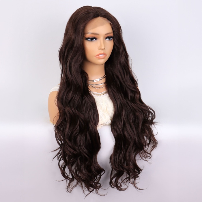 Kahverengi Uzun Dalgalı  Fiber Sentetik Tül Peruk