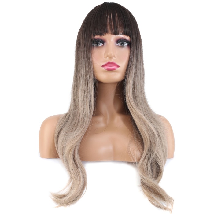 Doğal Dalgalı Perçemli Fiber Sentetik Uzun Boy Peruk - Koyu Kumral / Rus Kumralı Ombreli