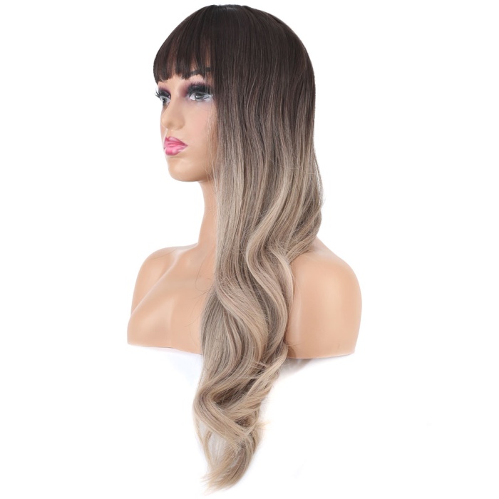 Doğal Dalgalı Perçemli Fiber Sentetik Uzun Boy Peruk - Koyu Kumral / Rus Kumralı Ombreli