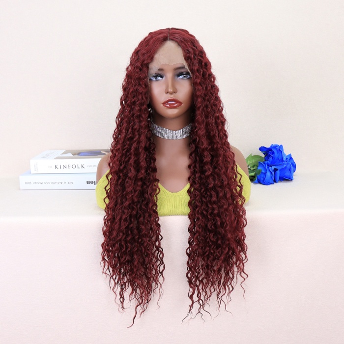 Kızıl Kahve Uzun Kıvırcık Dalgalı Fiber Sentetik Tül Peruk