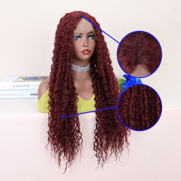 Kızıl Kahve Uzun Kıvırcık Dalgalı Fiber Sentetik Tül Peruk